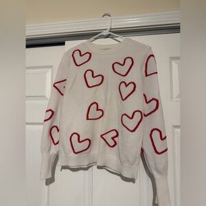 LOFT White Sweater with Pink Heart Design